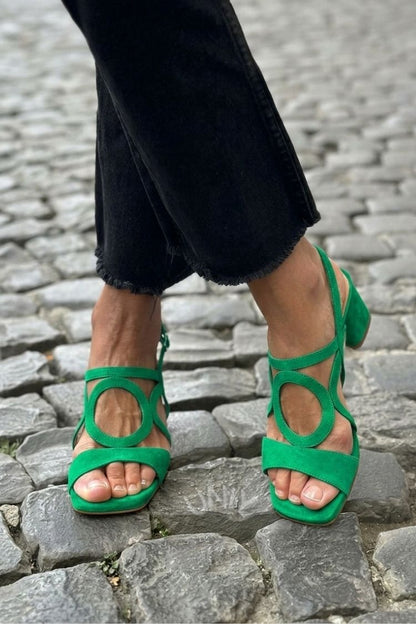 Square Toe Round Cut Out Slingback Strap Yellow Sandals Heels