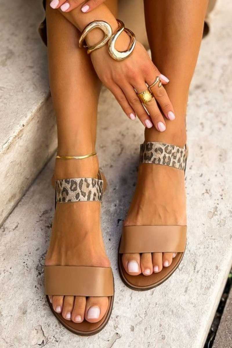 Faux Leather Leopard Print Elastic Strap Flat Sandals [Pre Order]