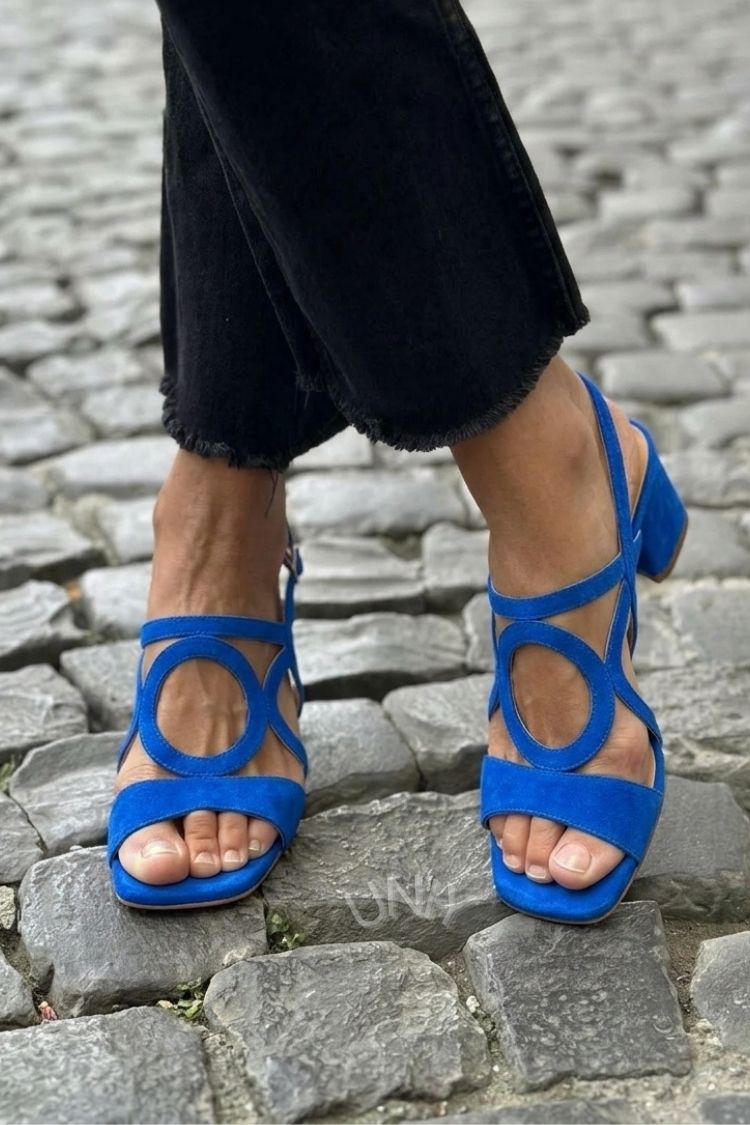 Square Toe Round Cut Out Slingback Strap Yellow Sandals Heels