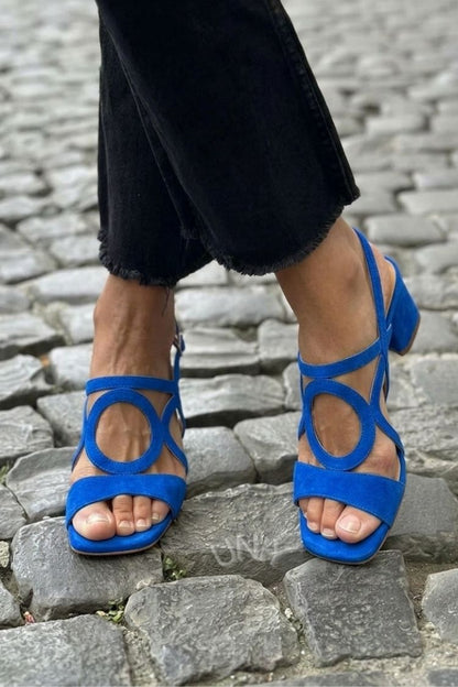Square Toe Round Cut Out Slingback Strap Yellow Sandals Heels