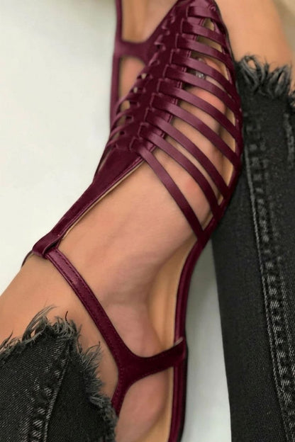 Casual Plain Hollow Out T-Strap Pointy Toe Black Sandals