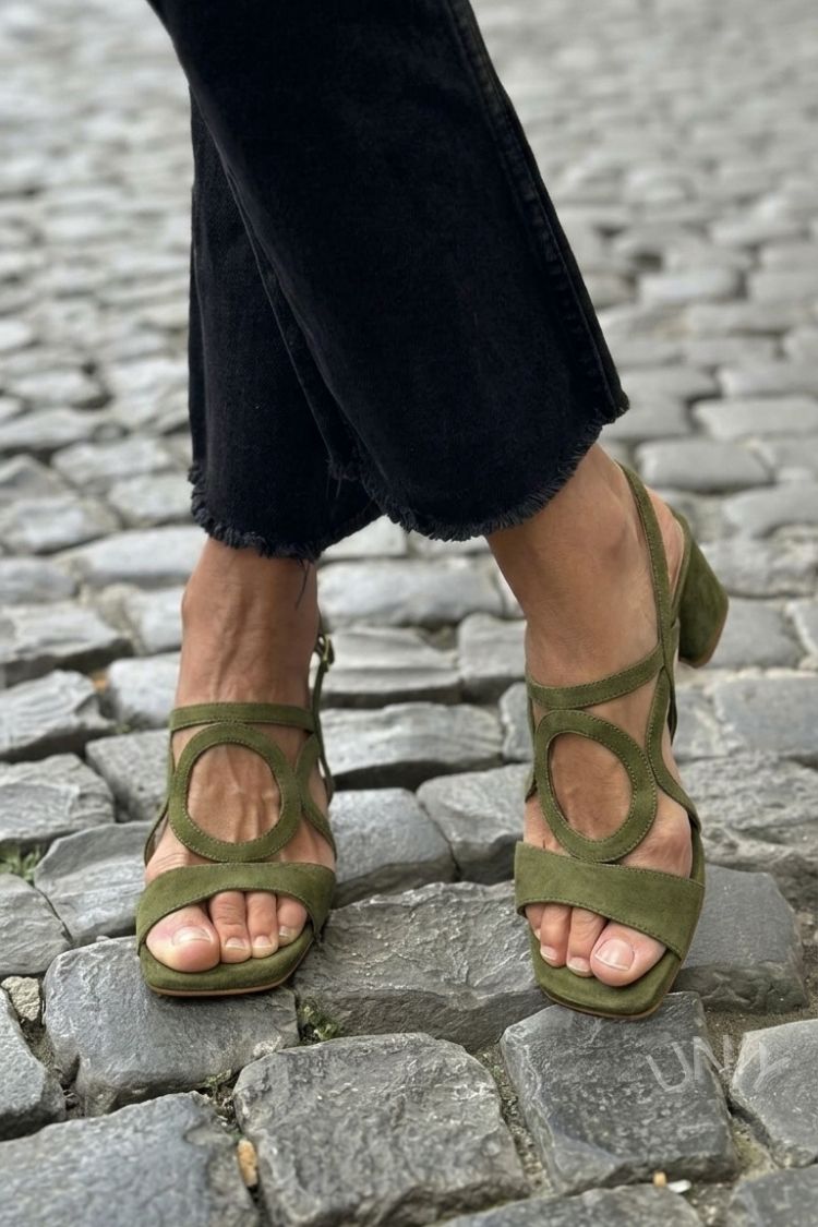 Square Toe Round Cut Out Slingback Strap Yellow Sandals Heels