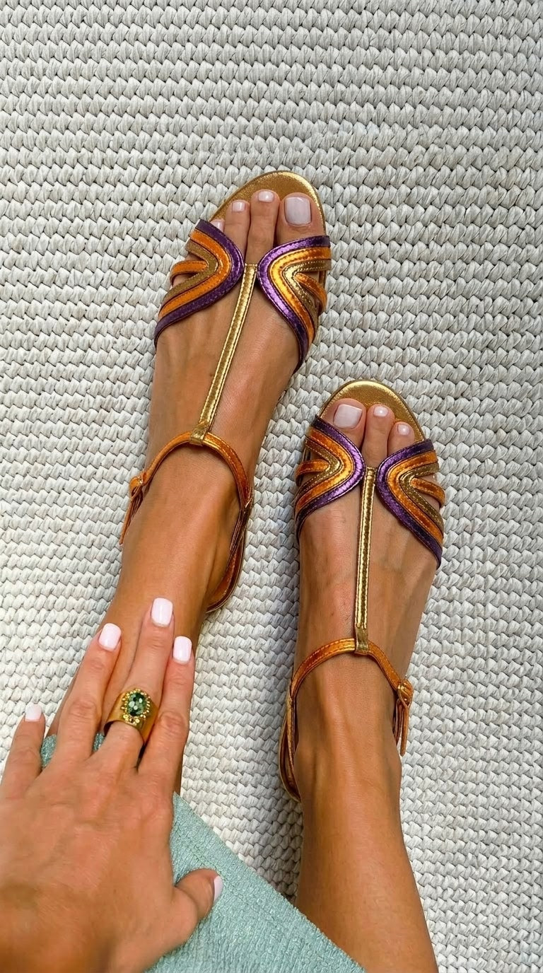 Metallic Copper Purple Strap Gold T-Strap Peep Toe Sandals [Pre Order]