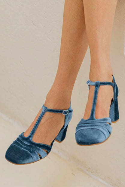 Hollow Out T-Strap Buckle Velvet Chunky Heels