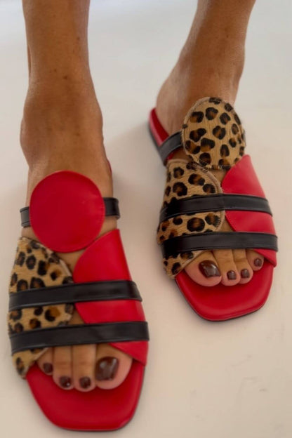 Leopard Pattern Colorblock Square Toe Red Slippers