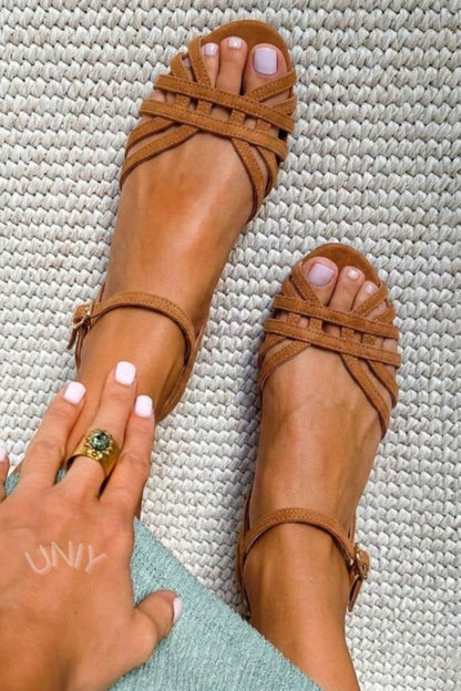 Vintage Tan Suede Multi Strap Ankle Buckle Flat Sandals