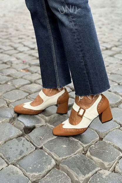 Patchwork Square Toe Instep Strap Buckle Low Heels