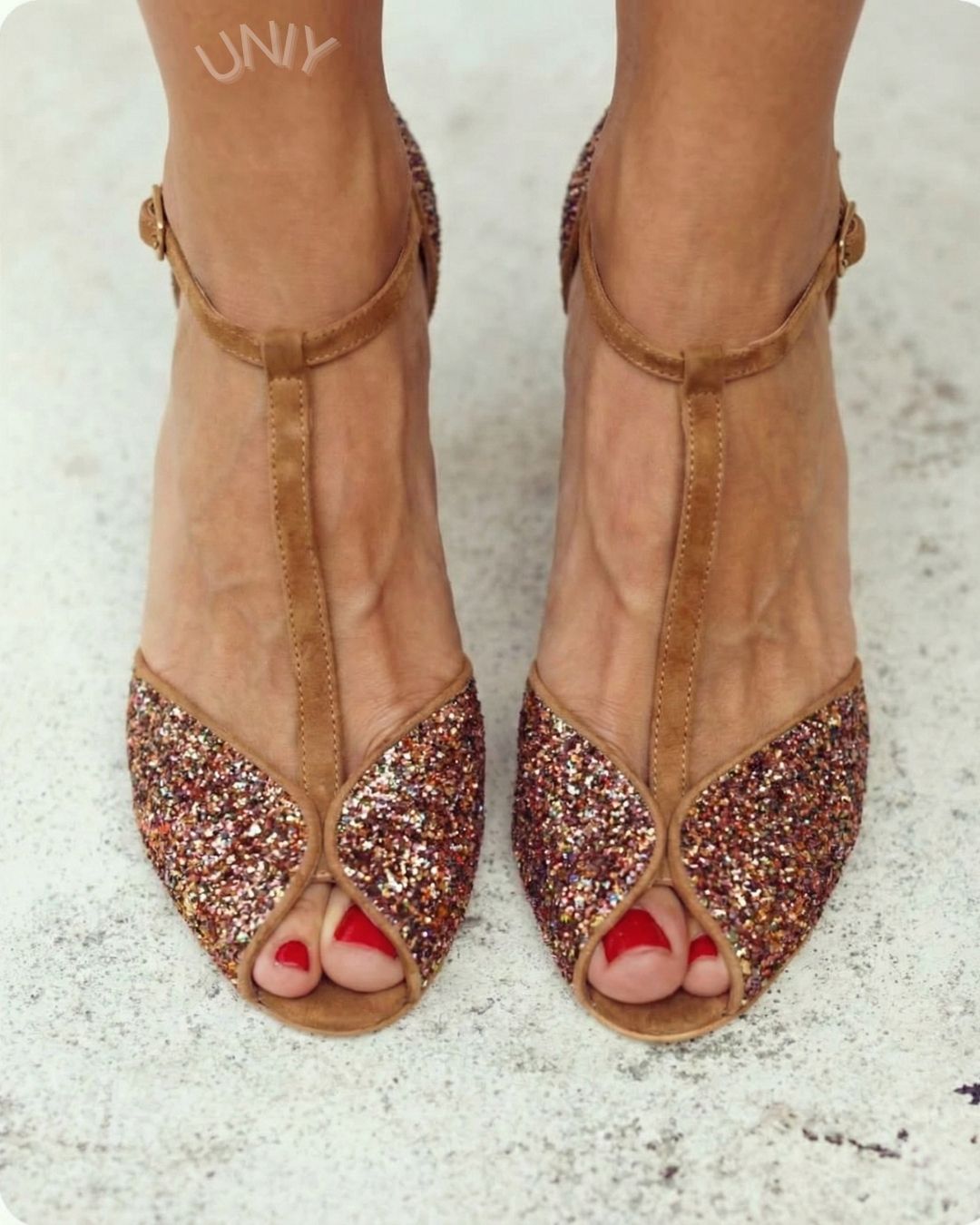 Brown Faux Suede T-Strap Peep Toe Mid Heel Sandals