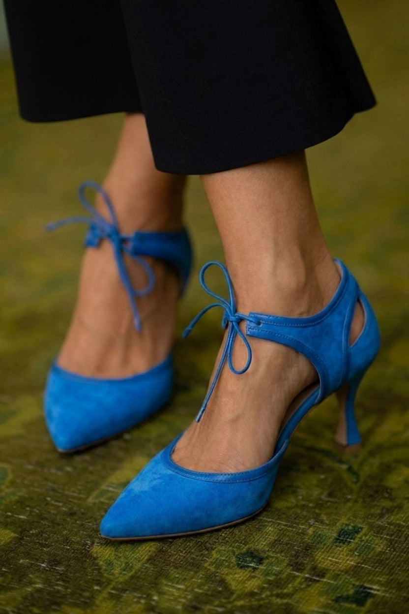 Tacones Bajos de Aguja con Moño Bicolor de Gamuza Sintética Rosa con Punta