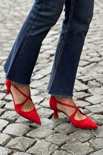 Cross Strap Buckle Solid Color Pointed Toe Khaki Low Heels
