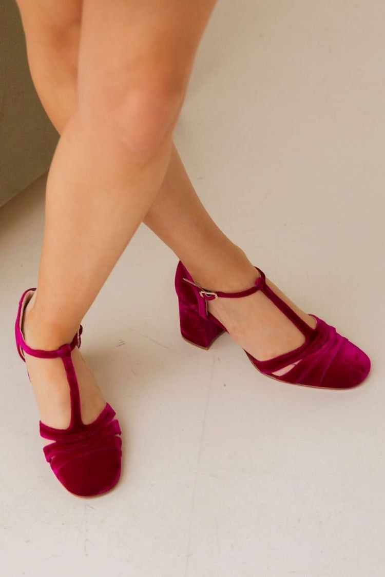 Hollow Out T-Strap Buckle Velvet Chunky Heels