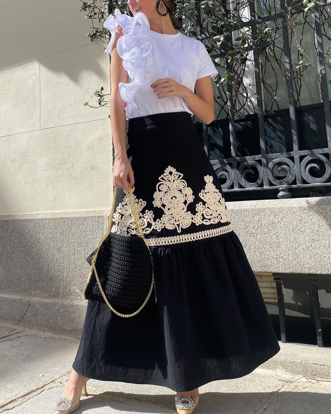 Linnenmix etnische print patchwork geborduurde rok