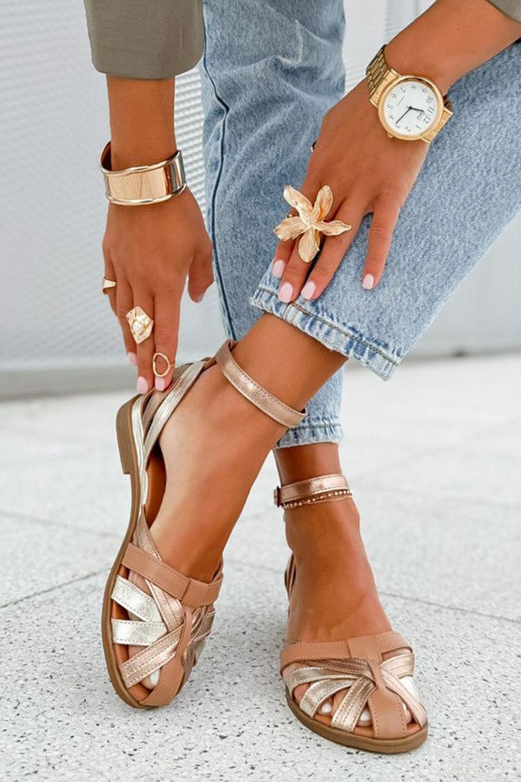 Ankle Strap Buckle Colorblock Hollow Out Champagne Sandals