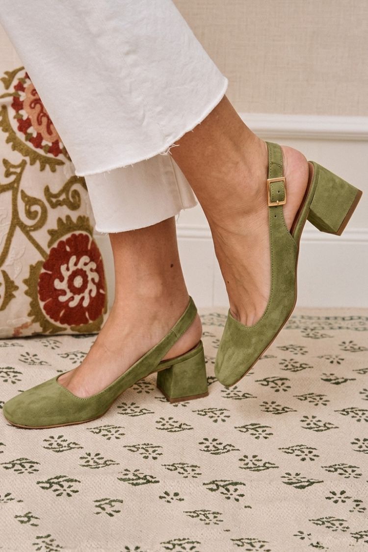 Stylish Plain Square Toe Slingback Strap Buckle Chunky Khaki Heels