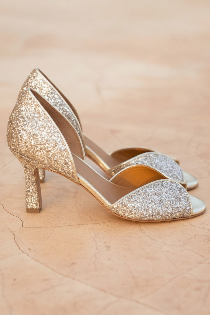 Elegant Champagne Shimmer Scalloped Peep Toe Heels [Pre Order]