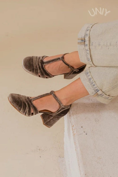 Hollow Out T-Strap Buckle Velvet Chunky Heels