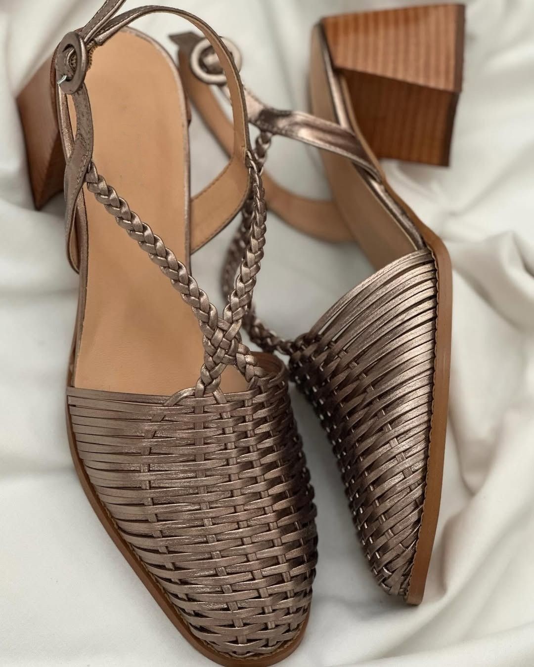 Champagne Metallic Woven Strappy Pointed Toe Block Heels [Pre Order]