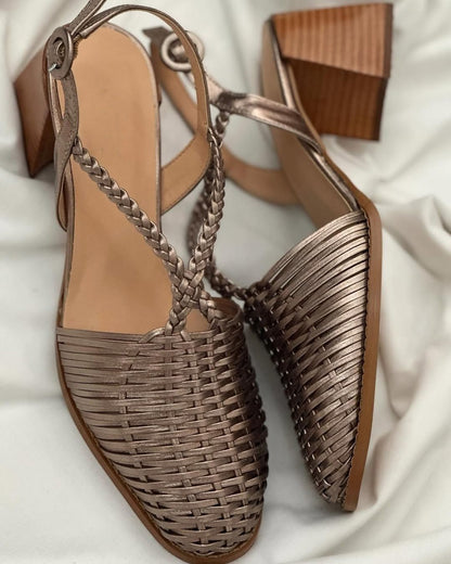 Champagne Metallic Woven Strappy Pointed Toe Block Heels [Pre Order]