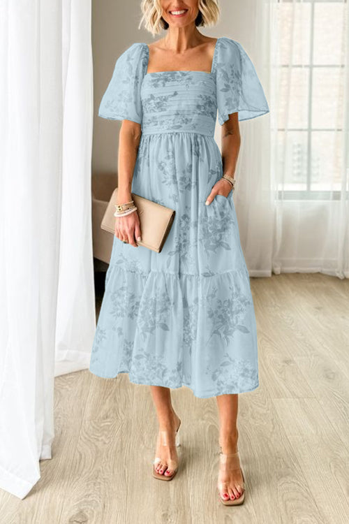 Quadratischer Ausschnitt Kurzarm Rüschiges Blumen-Midikleid