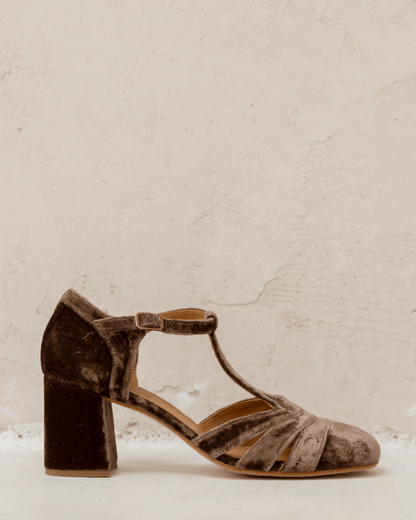 Hollow Out T-Strap Buckle Velvet Chunky Heels