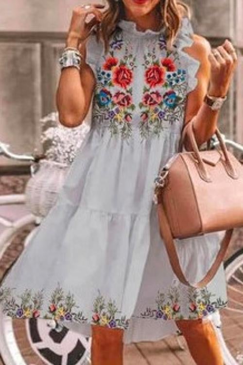 Abito midi con balze a stampa floreale casual