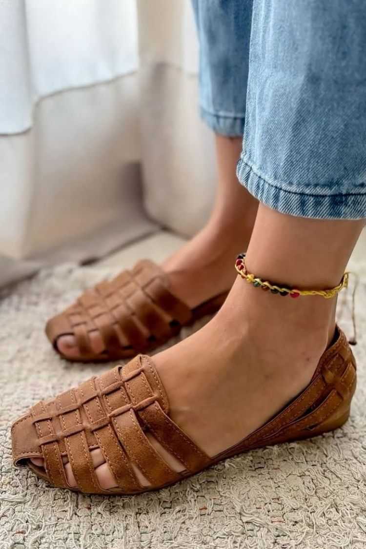 Faux Leather Woven Cutout Peep Toe Flats [Pre Order]