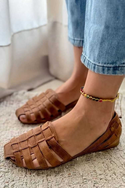 Faux Leather Woven Cutout Peep Toe Flats [Pre Order]