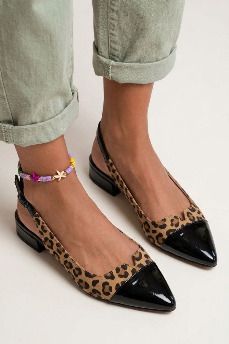 Colorblock Cut Out Buckle Slingback Strap Pointy Toe Flats