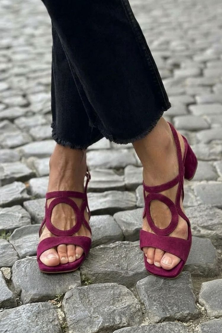 Square Toe Round Cut Out Slingback Strap Yellow Sandals Heels