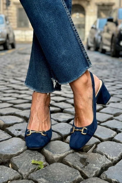 Olive Suede Slingback Bit Detail Block Heels