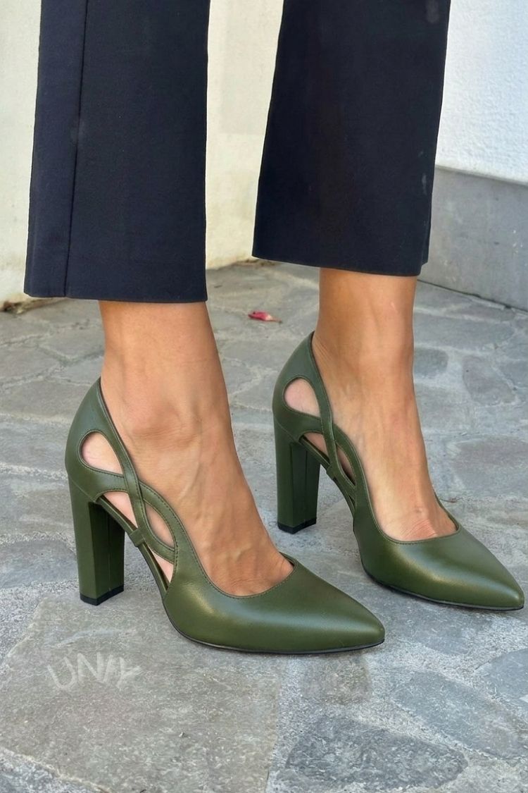 Faux Leather Cutout Block Heel Pointed Pumps