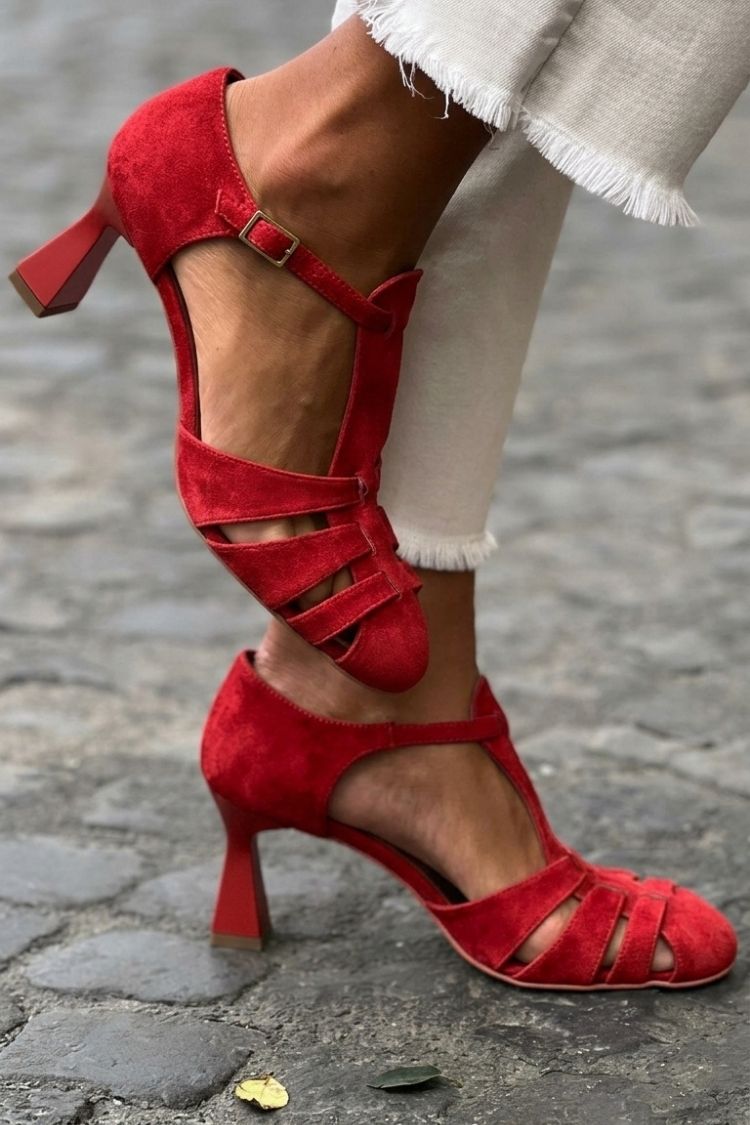 Hollowed Crochet Straps Closed Toe Green Sandals Heels