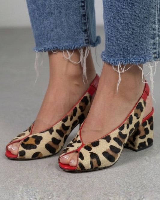 Classic Leopard Print Open Toe Slingback Block Heel Sandals