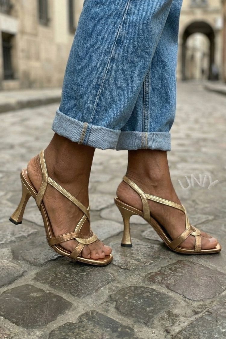 Gold Metallic Crisscross Strap Stiletto Heel Sandals