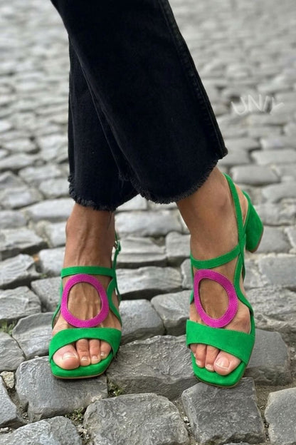 Square Toe Round Cut Out Slingback Strap Yellow Sandals Heels