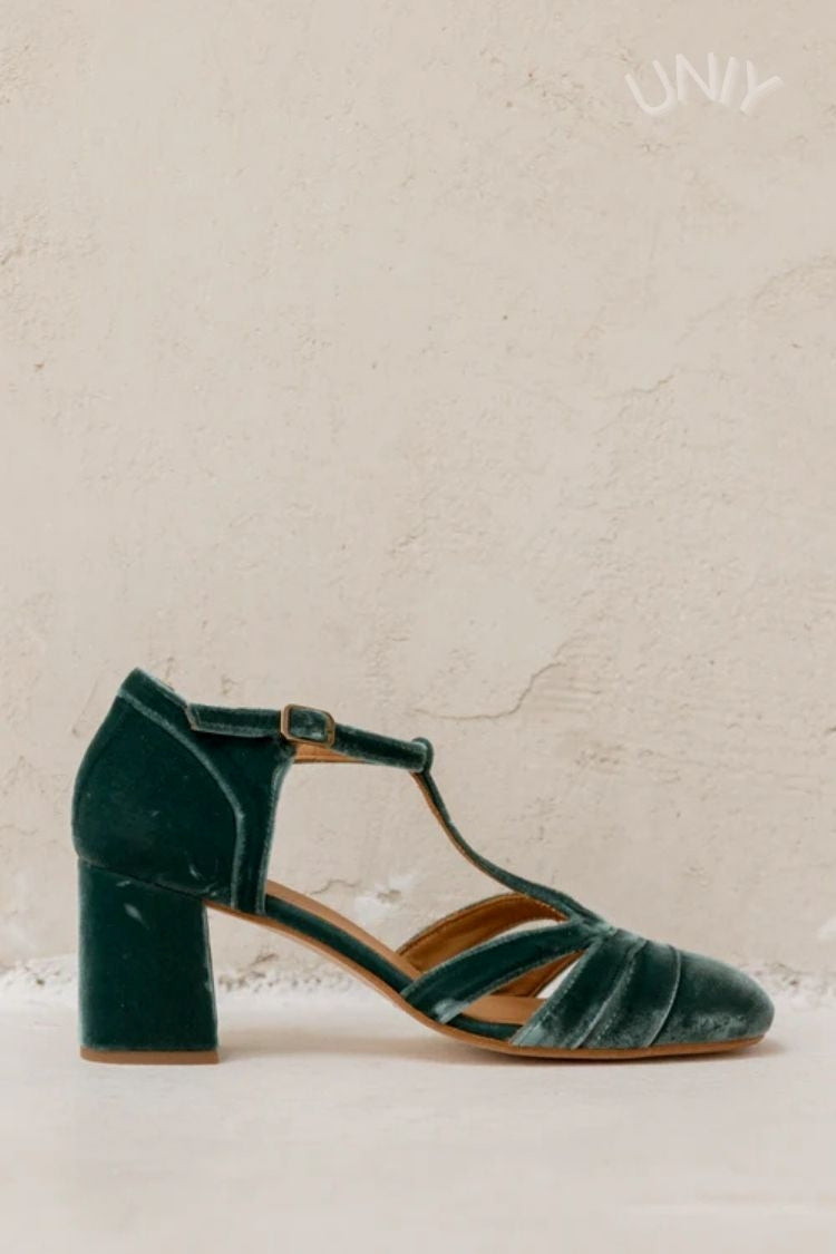 Hollow Out T-Strap Buckle Velvet Chunky Heels