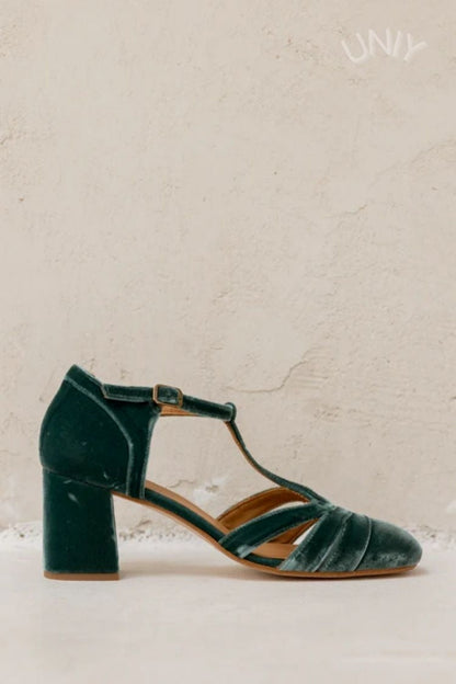 Hollow Out T-Strap Buckle Velvet Chunky Heels