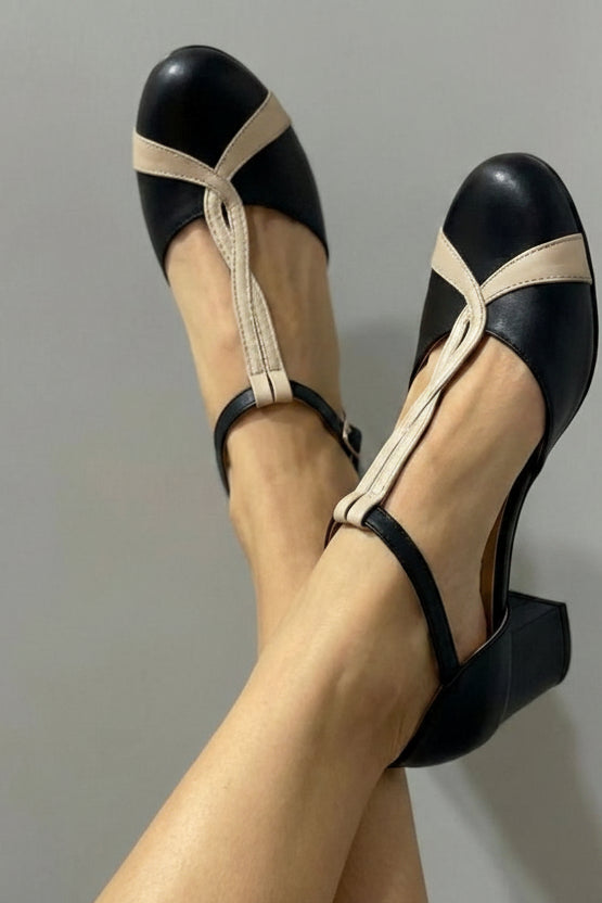 Elegant Black Color Block T-Strap Block Heel Pumps [Pre Order]