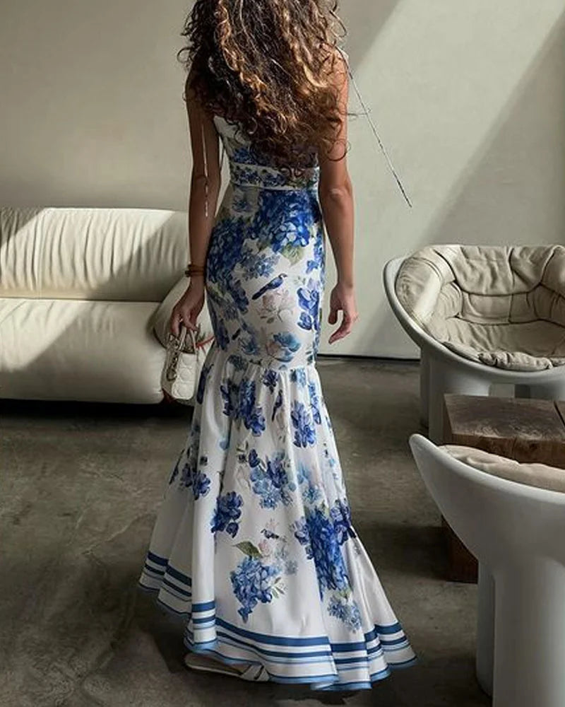 Elegante vestito stampato allacciato da festa