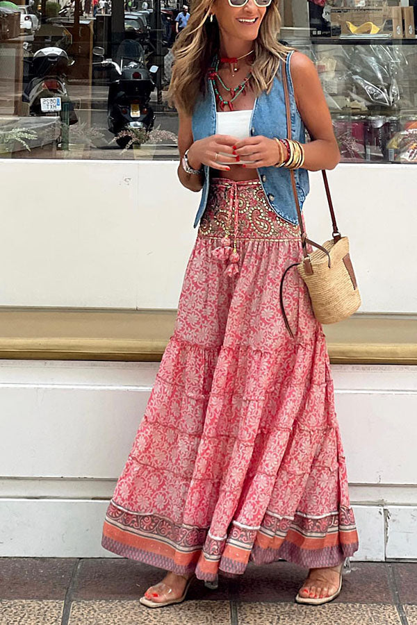 Saia Maxi Boémia com Painéis e Estampa Floral