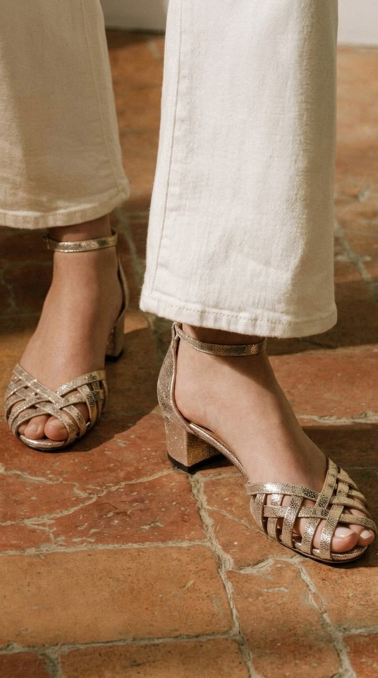 Woven Ankle Strap Buckle Peep Toe Gold Chunky Heels