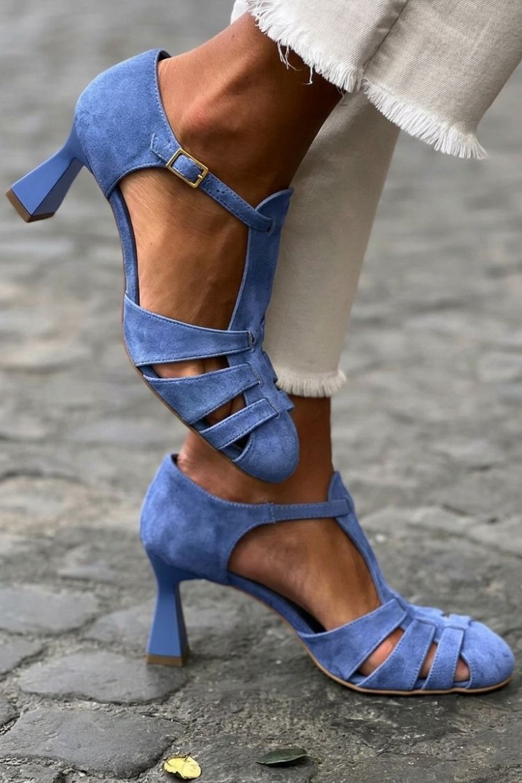 Hollowed Crochet Straps Closed Toe Green Sandals Heels
