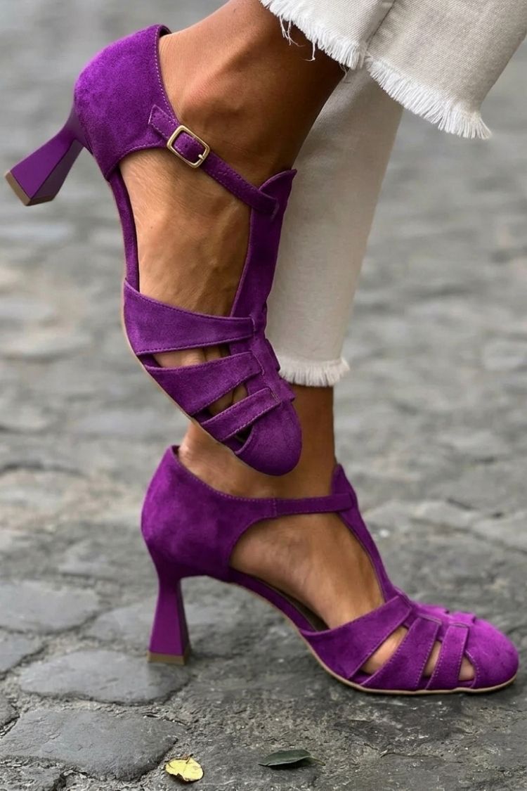 Hollowed Crochet Straps Closed Toe Green Sandals Heels