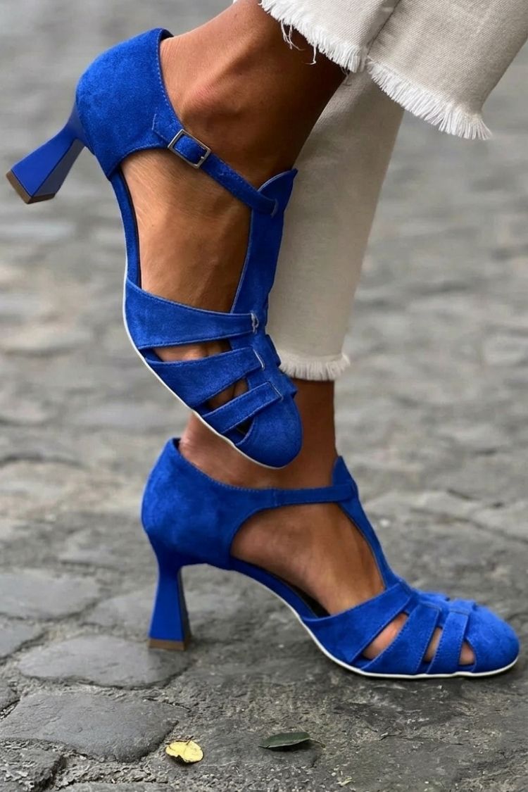Hollowed Crochet Straps Closed Toe Green Sandals Heels