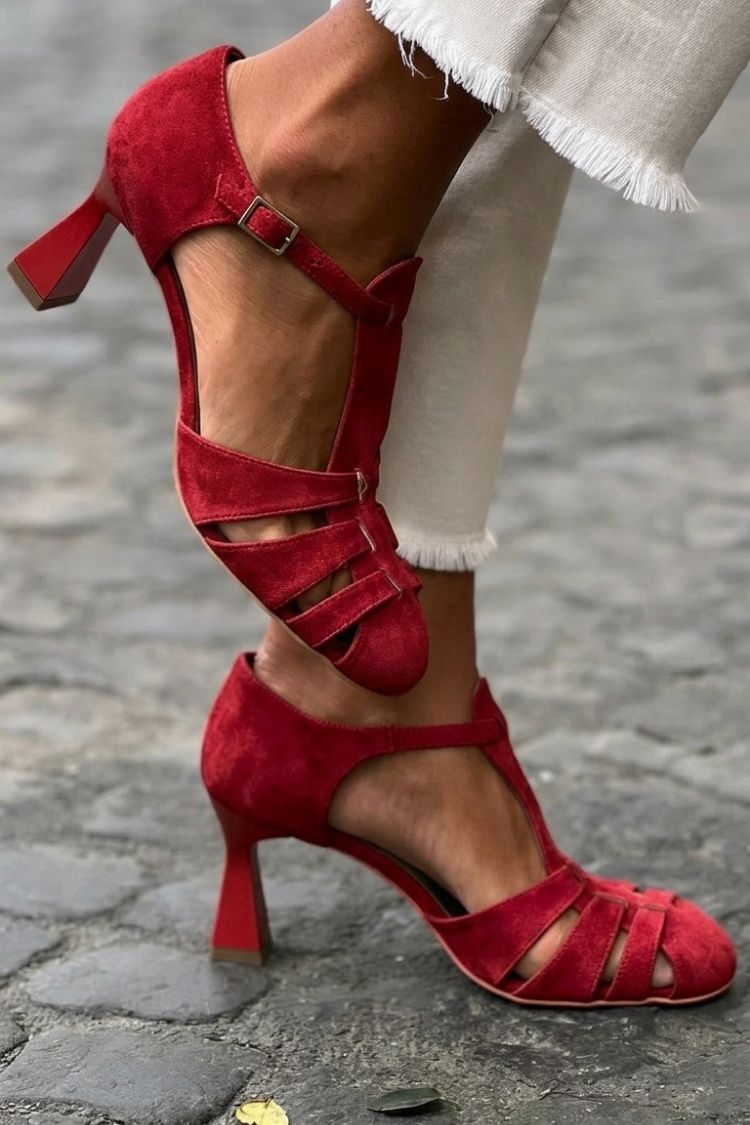 Hollowed Crochet Straps Closed Toe Green Sandals Heels