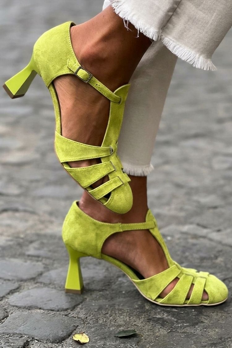 Hollowed Crochet Straps Closed Toe Green Sandals Heels