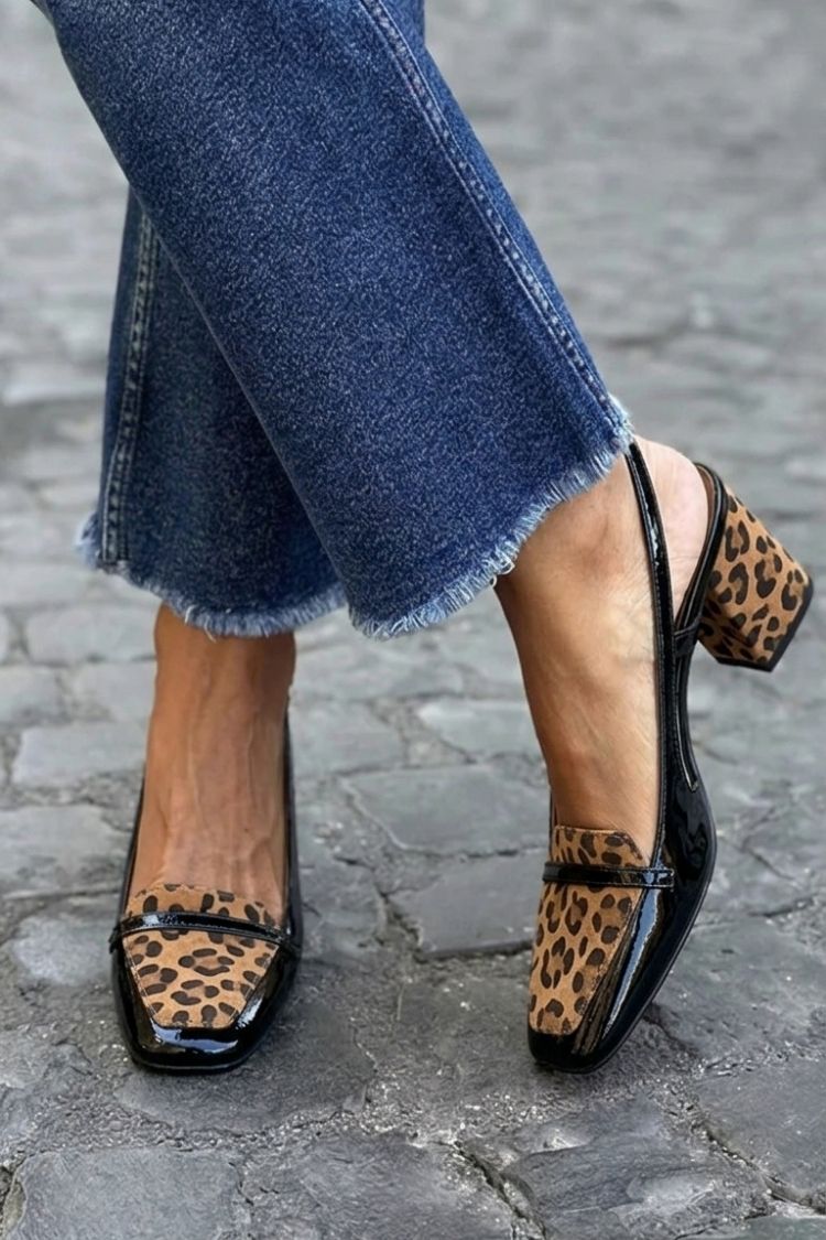Patchwork Square Toe Slingback Purple Chunky Heels