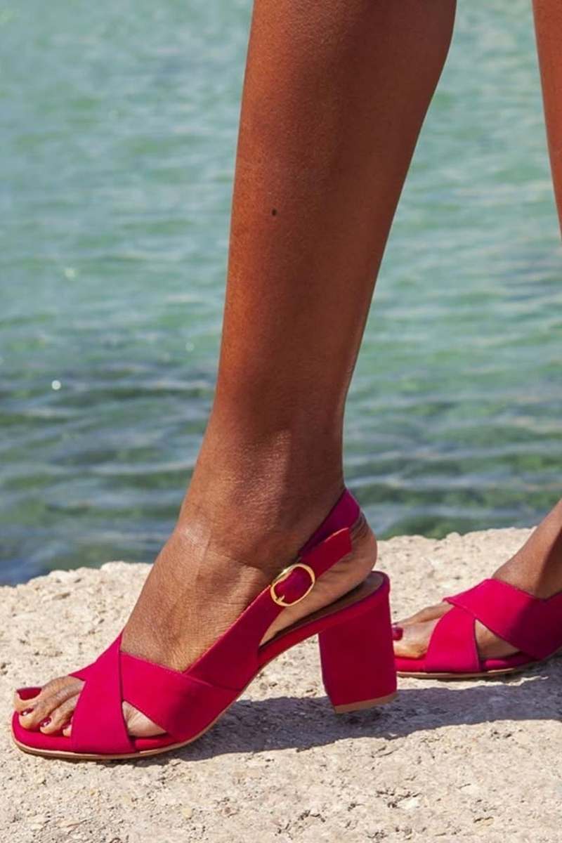 Faux Suede Cross Strap Slingback Block Heel Sandals