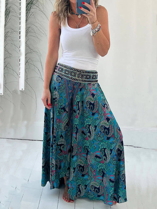 Ethnische print elastische patchwork taille lichte broek