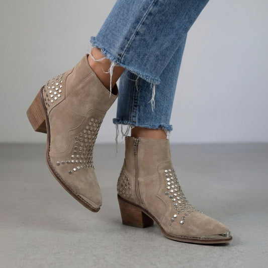 Grey Faux Suede Studded Pointed Toe Block Heel Ankle Boots